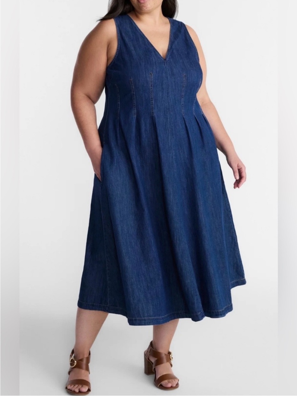 Terra & Sky Plus-Size Sleeveless V-Neck Fit & Flare Drk Denim Dress Sz 3X NWT